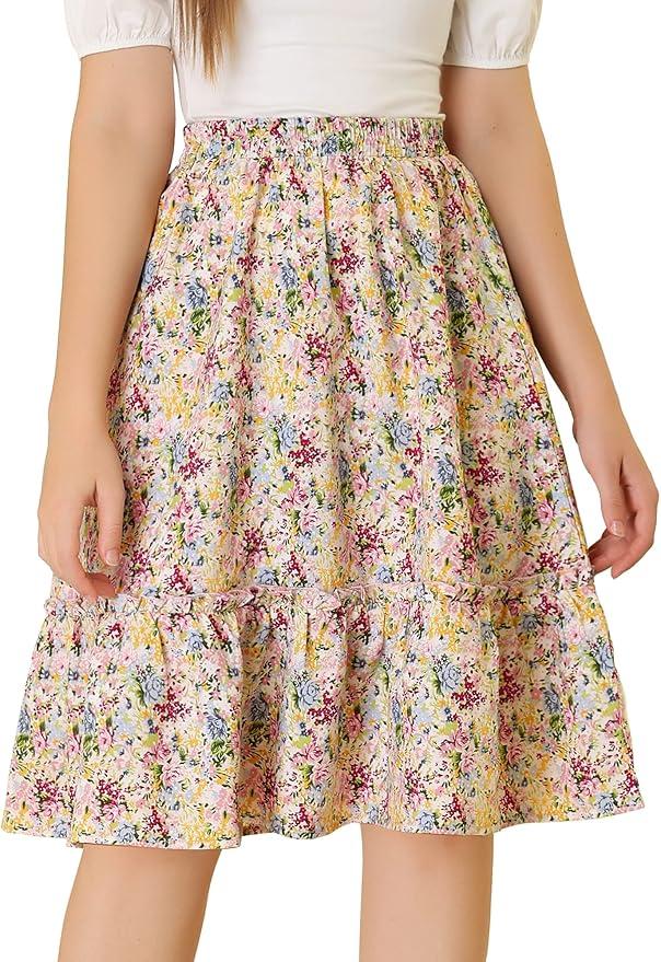 Allegra K Women's Knee Length Skirt Floral Elastic Waist Flowy Tiered A-Line Ruffle Skirt, XL