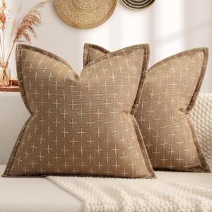 ZWJD Throw Pillow Covers 16x16 Set of 2 Soft Polyester Textured Pillow Covers with Stylish Flange Edge Cozy Farmhouse Throw Pillows for Couch Bed Sofa Living Room (Camel)