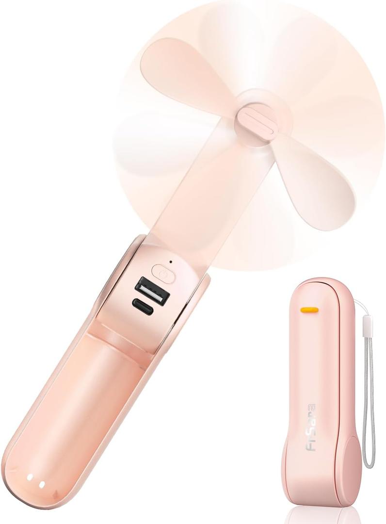 FrSara Portable Handheld Fan Rechargeable, USB Rechargeable Small Pocket Fan, 2000mAh Battery With Power Bank, Upgraded Long Battery Life, Three-Speed, Suitable for Women Outdoors and Travel (Pink)