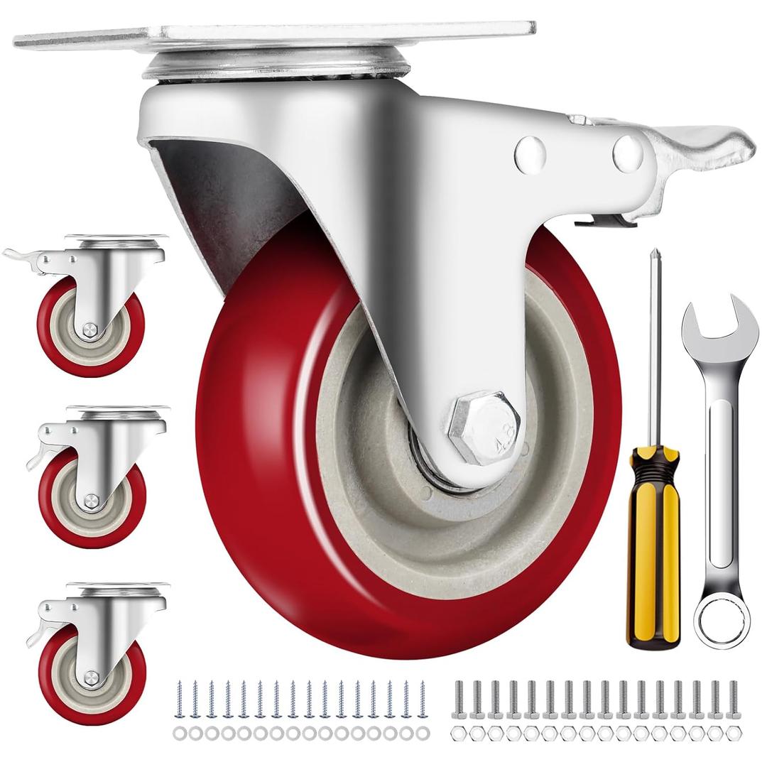 Caster Wheels 4 Inch, Heavy Duty Caster Set of 4, Swivel Castor Wheel with Dual Locking Brakes, Silent Polyurethane (PU) Wheels, 360 Rotation, for Furniture and Workbench, Load 2600 Lbs