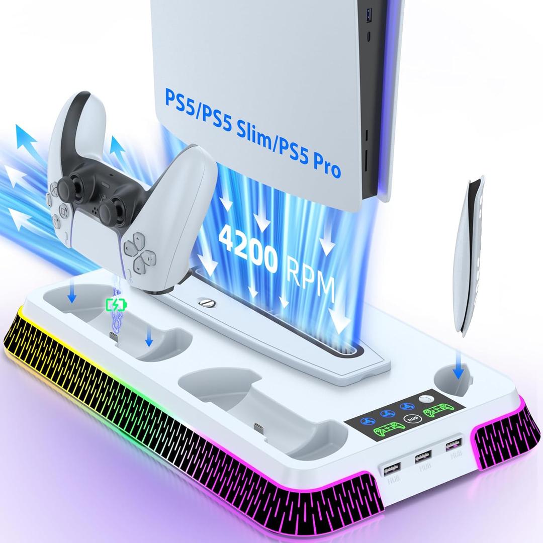 Cooling Station and Console Stand for PS5/Pro/Slim, Dual Controller Charging Station with Ambient RGB Lighting for PlayStation 5, PS5 Stand Controller Charger for Disc & Digital with Cooling Fan