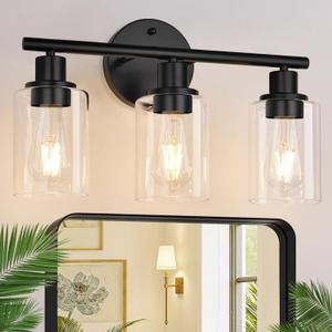 3-Light Bathroom Light Fixtures, Black Modern Vanity Lights with Clear Glass Shade, Bathroom Wall Lamp for Mirror Kitchen Living Room Hallway Cabinet Porch (Matte Black)