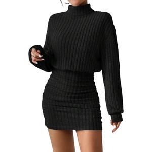 Women's Pullover Sweater Dress Long Lantern Sleeve Turtle Neck Cute Ribbed Knit Bodycon Mini Short Dress 2025 Fall (Black, Small)