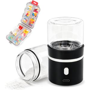 Portable Small Electric Pill Crusher, Grind Pills to Fine Powder for Elderly, Rechargeable & Washable, with Safety Lock, Perfect for Pets Nursing Home, with Pill Organizer Travel Essential (Black)
