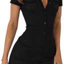 LilyCoco Womens Button Up Bodycon Romper Shorts Short Sleeve Collared Sexy One Piece Black, Size: Small