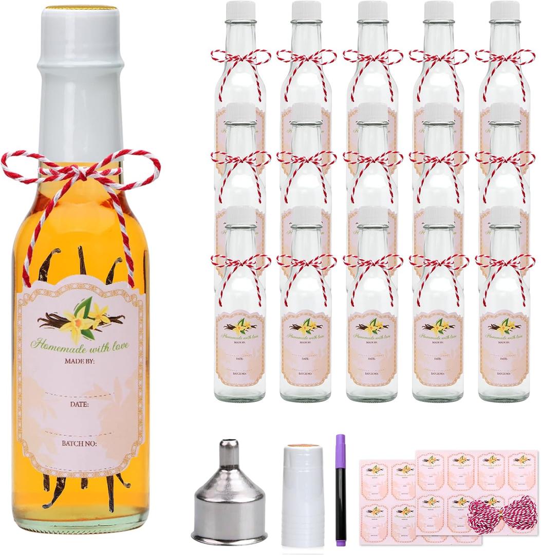5oz Hot Sauce Bottles with Lids,Clear Woozy Bottles with Shrink Capsules,Small Bottles With Lids for Bottling,Empty 5oz Glass Vanilla Extract Bottles With White Caps Set of 16