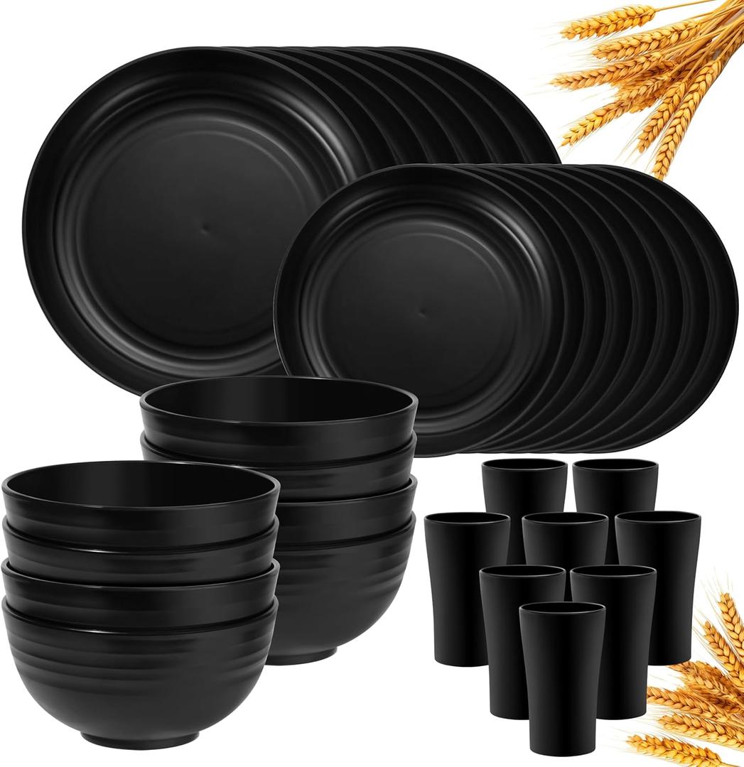 Klickpick Home 32 Pieces wheatstraw Dinnerware Set with 8 Each of Dinner Plates Desert Plates Cereal Salad Bowls Cups Unbreakable Modern Dinner Set for Microwave Dishwasher Safe Reusable Black