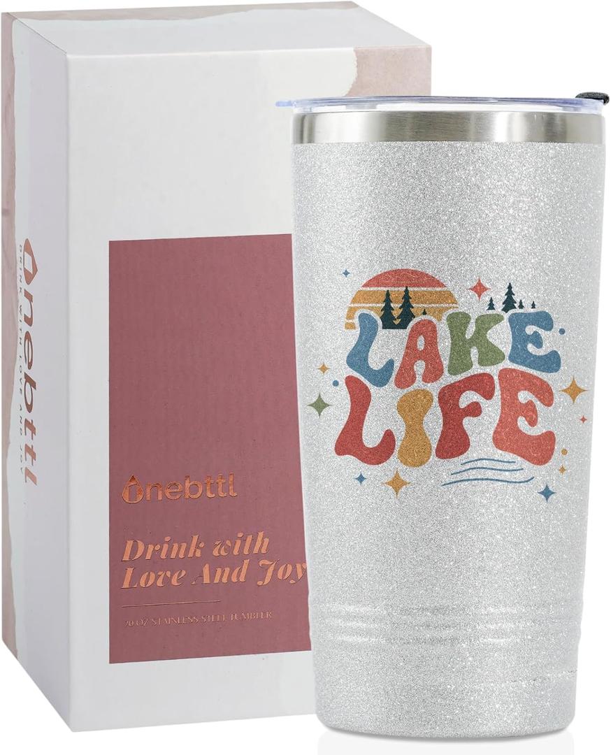 Onebttl Lake House Gifts, Lake Life Gifts for Women/Men, 20oz Insulated Tumbler, Perfect for Boat Owner/Lake Lovers - Lake Life (Giltter Silver)