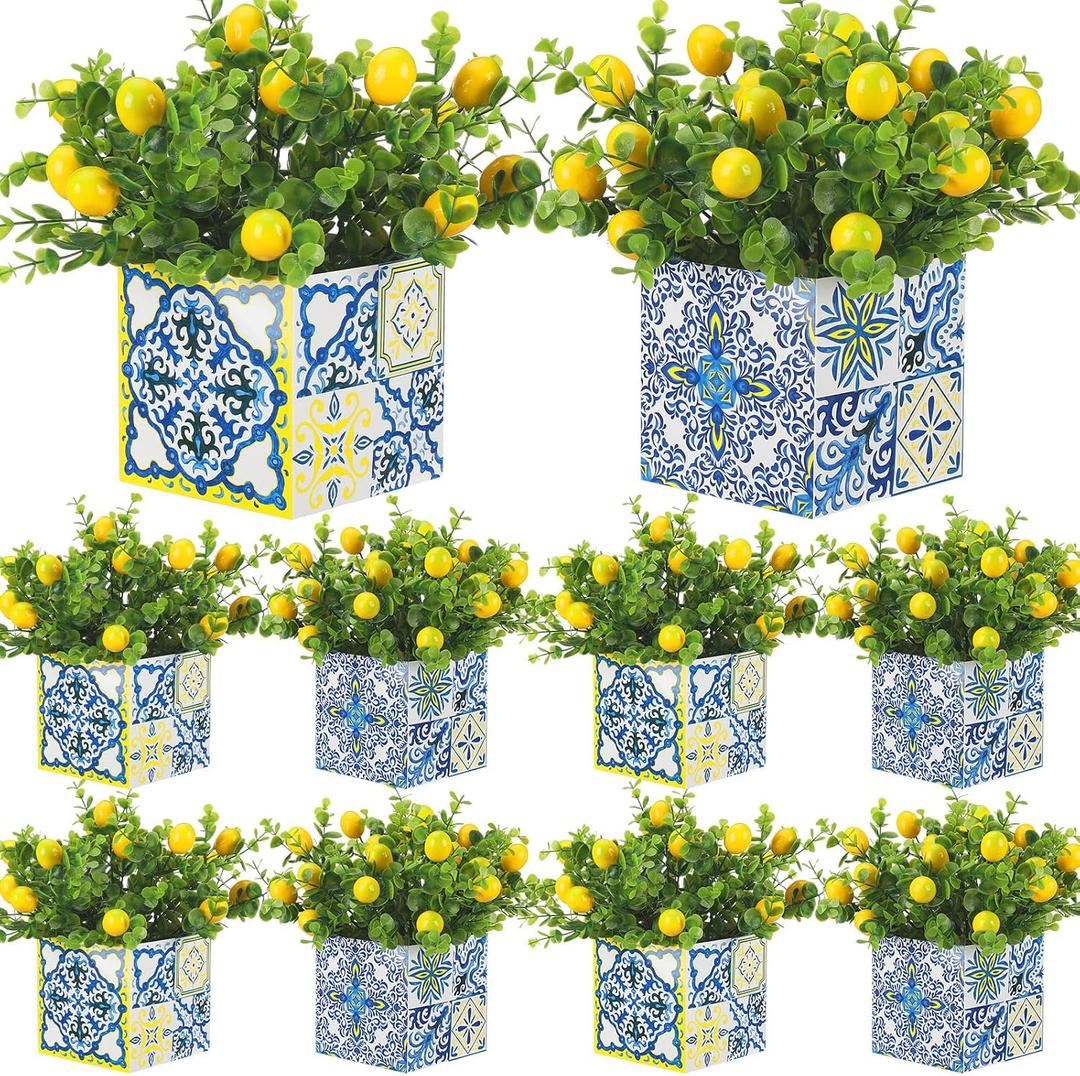 Giegxin Blue Tiles Lemon Table Centerpiece Decor Amalfi Coast Box Decorations with Artificial Lemon Branches for Capri Mediterranean Positano Wedding Birthday Party Decor(8 Sets)