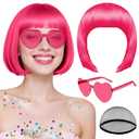 2 x MEEZY Hot Pink Short Bob Wigs Straight Hair with Flat Bangs Heart Sunglasses for Women, Colorful Funny Cosplay Daily Party Neon Wig Synthetic Natural As Real Hair Carnival Halloween Costume