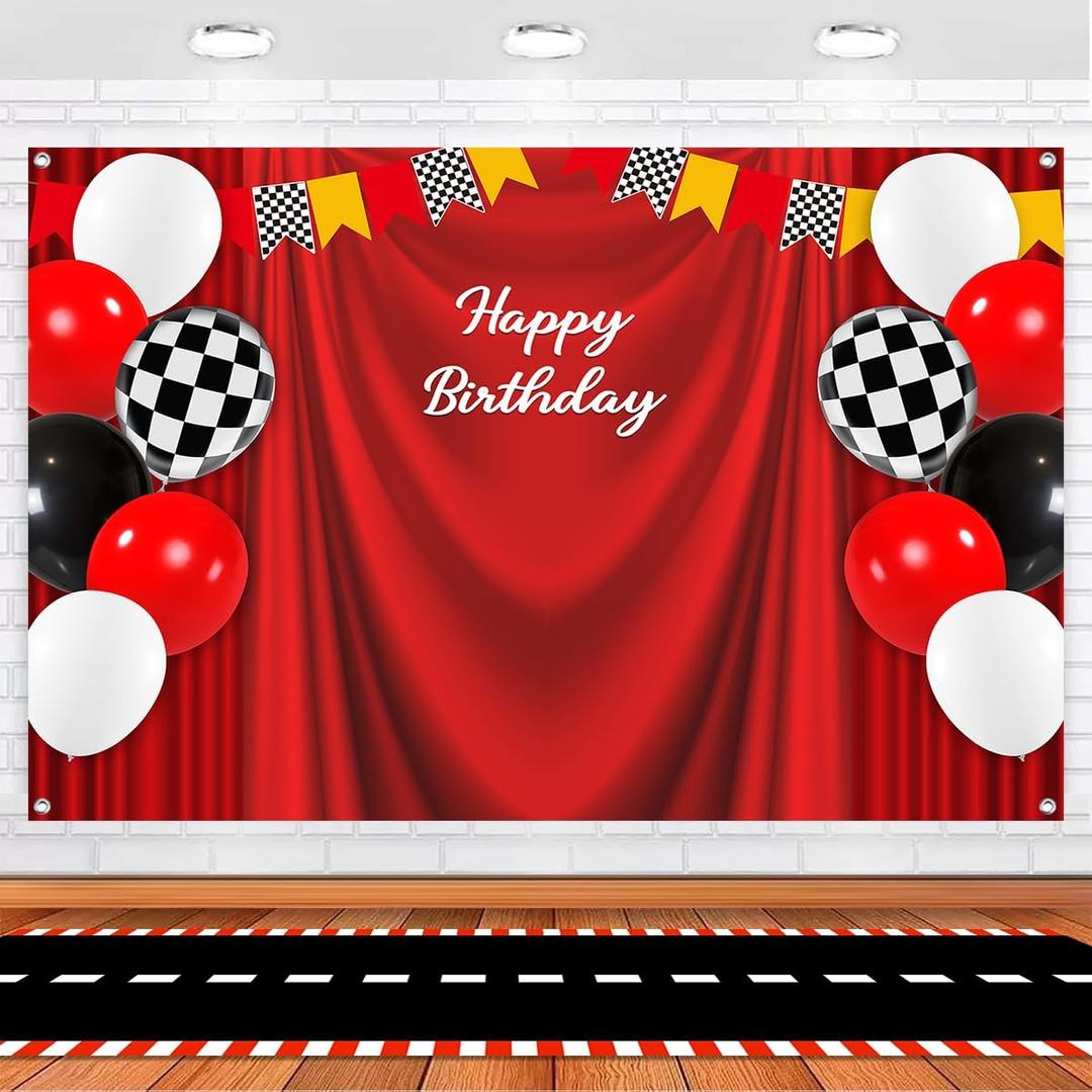 2 x 5x3ft Car Black White Grid Red Birthday Themed Backdrop Racing Flag Red Photography Background for Boys Kids Happy Birthday Party Banner Photo Booth Props with Racetrack Carpet Runner