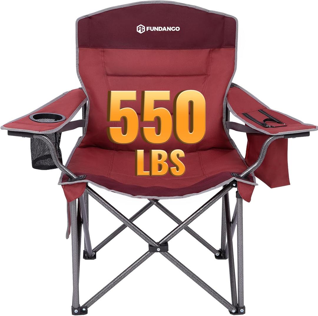 FUNDANGO Oversized Camping Chairs for Adults, Heavy Duty Fold Up Sports Games Lawn Chairs, Extra Wide Big Man Outdoor Chairs with Padded Lumbar Support Backrest, Bag Included for Camp, Outside, Beach (1 Pack Red Grey)