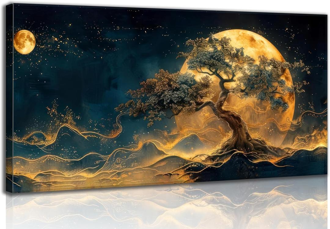 Gold Tree of Life Canvas Wall Art Sun Moon and Stars Celestial Picture Wall Decor Large Tree Poster Dark Green Gold Mystical Starry Sky Painting Print Artwork for Living Room Bedroom Office Home Decor
