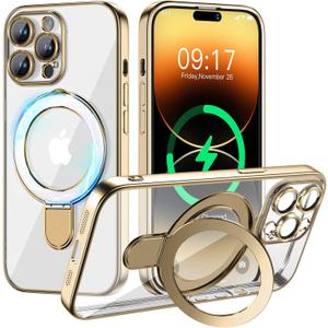 Magnetic for iPhone 14 Pro Case with Invisible Stand[Compatible with MagSafe][Full Camera Lens Protector][Military Drop Protection]Shockproof Not Yellowing Clear Slim Soft for Women Men Gold