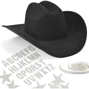 Keilin Cowboy Hats for Women Rhinestone Cowgirl Hat Felt Western Hat Nashville Bachelorette Party Disco DIY Cowgirl Outfits (6 3/4-7 3/8, Black)