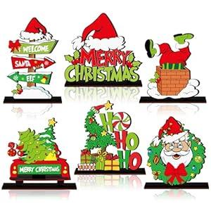 Shellwei 6 Pcs Christmas Table Decor Lime Green Red Wooden Signs Xmas Tiered Tray Decor Farmhouse Tabletop Centerpiece Christmas Decorations for Home Office Desk Shelf Mantel Holiday Party