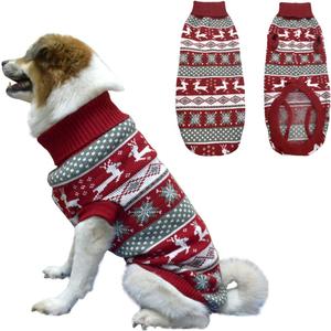 Vehomy Dog Christmas Sweater Xmas Pet Winter Knitwear Clothes Classic Warm Turtleneck Sweater Reindeer Snowflake Argyle Sweater Outfit for Medium Large Dogs XL