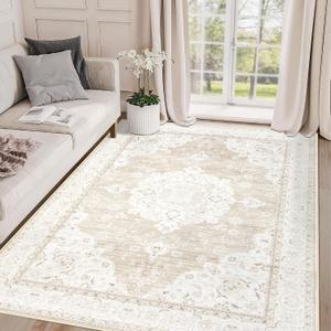 Area Rug 4x6 Entryway Rug - Machine Washable Vintage Boho Area Rug Non-Slip Bedroom Rug Soft Stain Resistant Living Room Carpet, Oriental Distressed Rug for Dining Room Nursery(Boho Beige, 4'x6') (6' x 4' (Rectangular))
