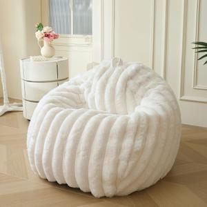 MEGO Fluffy Faux Rabbit Fur Bean Bag Chair Cover(No Filler), Ivory Shaggy Fuzzy Striped Stuffed Animal Storage Beanbag, 3FT Large Furry Ribbed Bean Bag Cover for Bedroom Living Room, Anti-Slip, Beige