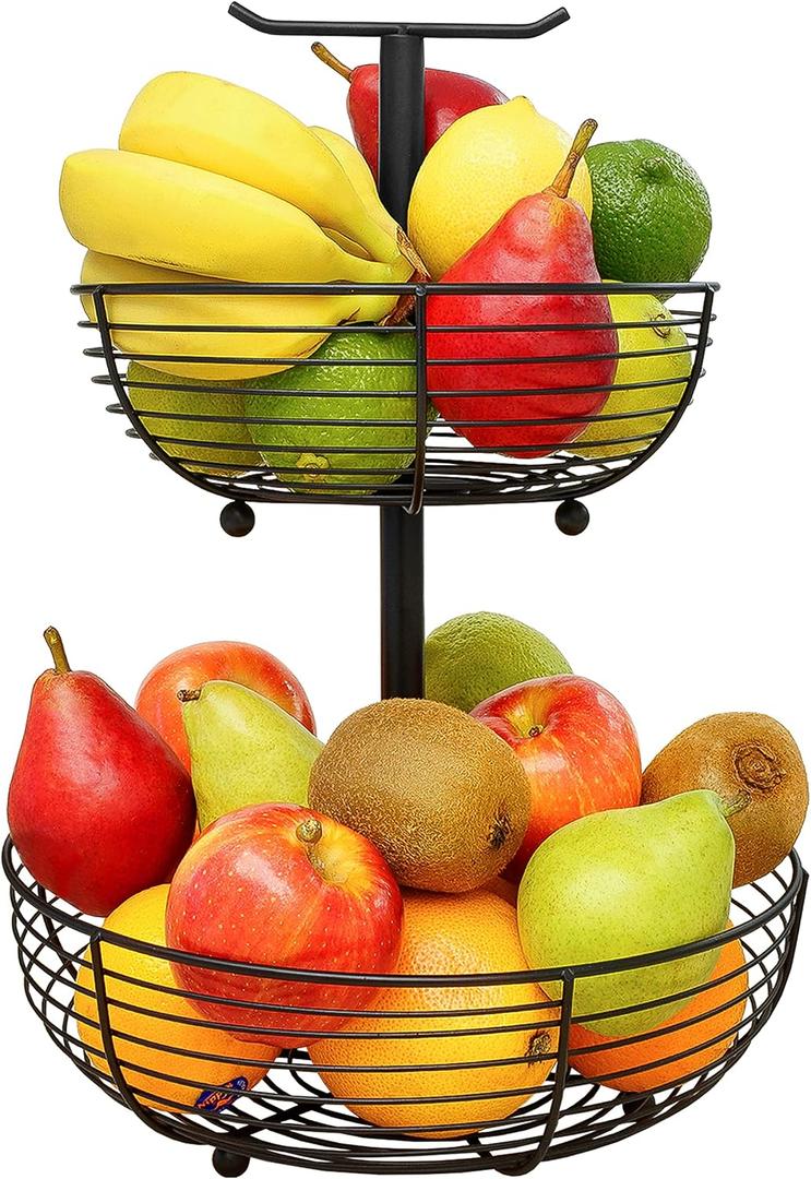CAXXA 2 Tier Fruit Basket Bowl Kitchen Heavy Duty Wire Organizer, Black