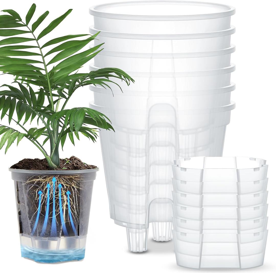 Wonderjune Self Watering Pots for Indoor Plants with Deep Reservoir and High Drainage Holes for Outdoor Plants and Flowers, Bare Root Planter(8.27'',Clear,6 Pcs)