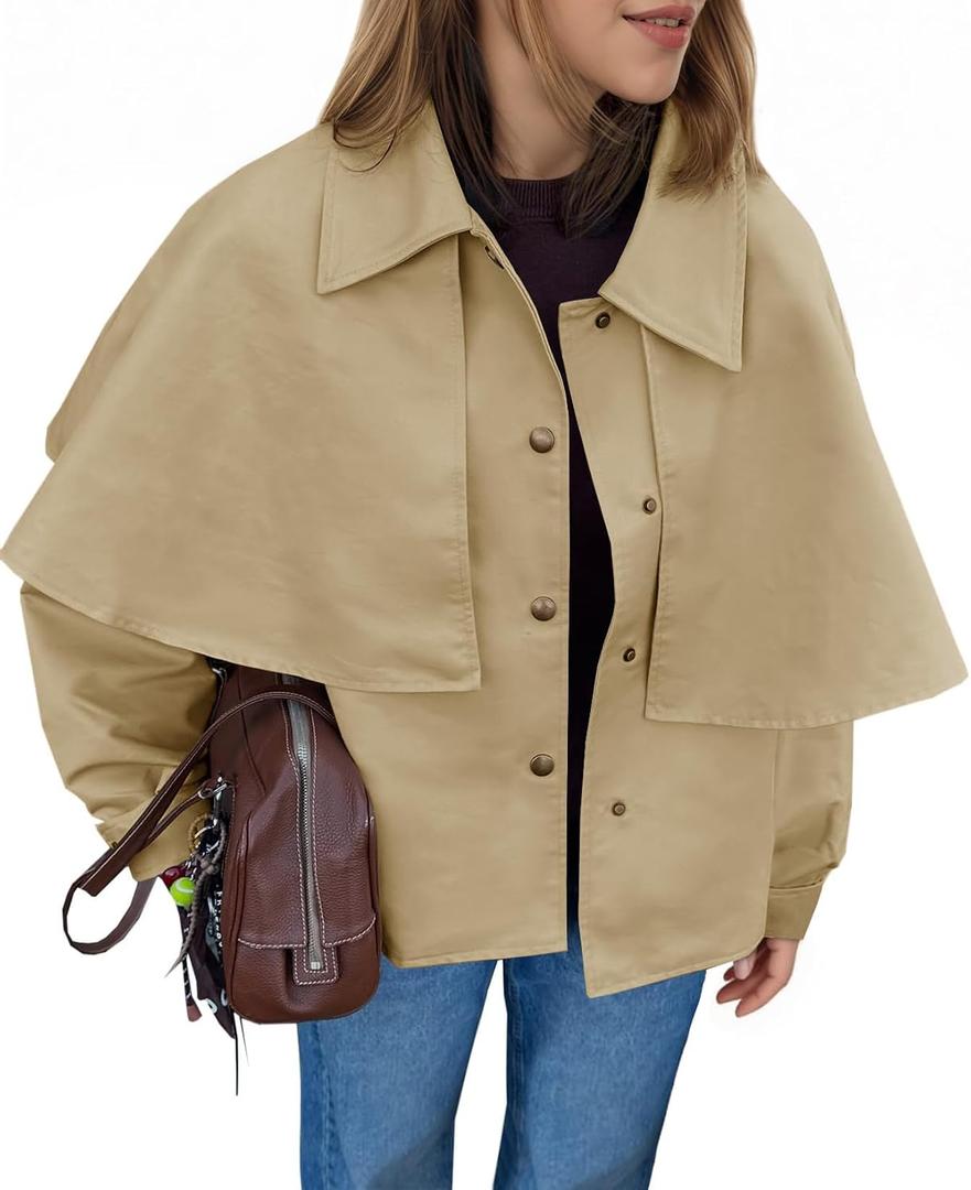 Tankaneo Womens Cropped Trench Coat Casual Lapel Single Breasted Cape Sleeve Short Jacket 2025 Fall Fashion Outerwear, S