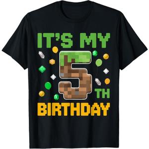 Birthday Boy It's My 5th Birthday Gamer Pixel Number T-Shirt (Black, Size S)