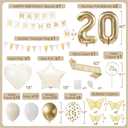 20th Birthday Decorations, White Gold Birthday Party Decorations for Women Men, Boho Beige Cream Balloons Party Supplies with Sash, Butterfly Cake Topper