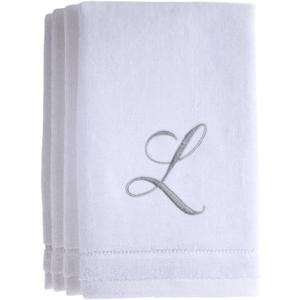Monogrammed Towels Fingertip, Personalized Gift, 11 x 18 Inches - Set of 4- Silver Embroidered Towel - Extra Absorbent 100% Cotton- Soft Velour Finish - For Bathroom/ Kitchen/ Spa- Initial L (White)