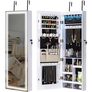 Tektalk Jewelry Cabinet with 3 Groove Mirror Lamps, Full Length Mirror, Wall/Door Mounted Jewelry Armoire Organizer with 3 Color Outside LED Lights & Interior 6 LEDs Light - White
