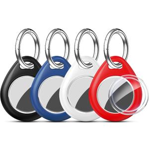 RFUNGUANGO Compatible AirTag Holder Air Tag Keychain Protective Case - 4 Pack Air Tag Protective Case with Metal Keychain for Kids, Pets, Luggage, Backpacks, Keys, Black,Blue,White,Red