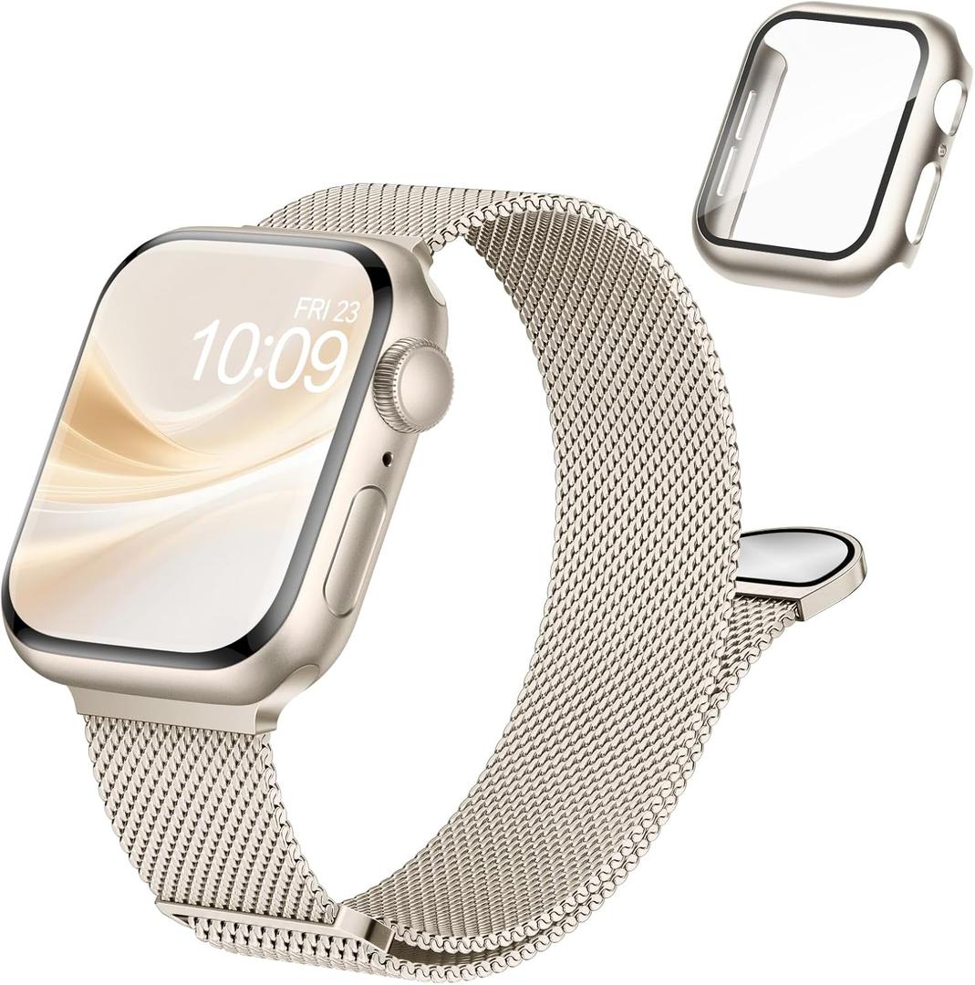 Stainless Steel Magnetic Band and Case Compatible with Apple Watch Bands Women Men 40mm 44mm 41mm 45mm 42mm 46mm, Mesh Loop Metal Band Screen Protector Cover for iWatch Series 11/SE3/10/9/8/7/6/5/4
