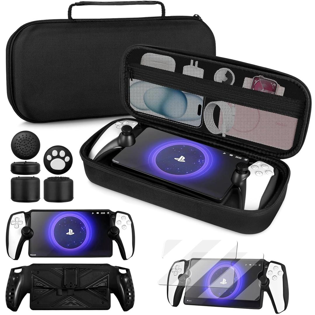 4 in 1 Accessoris Set Compatible with Playstation Portal, EVA Hard Carrying Case for PS5 Portal, Silicone Protective Cover, 2 Pcs Screen Protector, 10 Thumb Grip Caps,Ps Portal Accessories Black