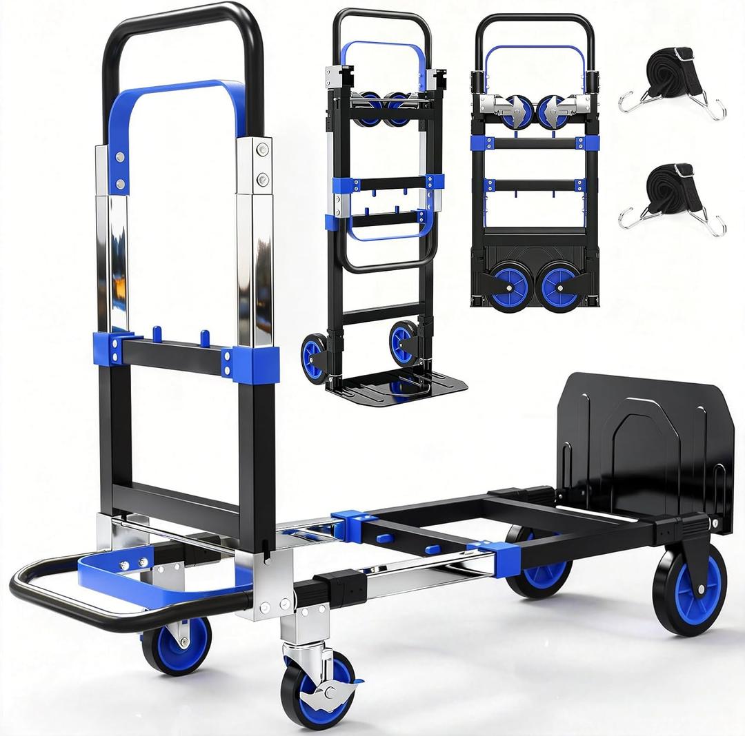 3-in-1 Folding Hand Trucks, 500lbs Convertible Dolly, Dolly Cart with Wheels Heavy Duty, Moving Cart with Retractable Handle, Collapsible Trolley for Moving Office/Home/Warehouse/Boxes/Cartons (Blue)