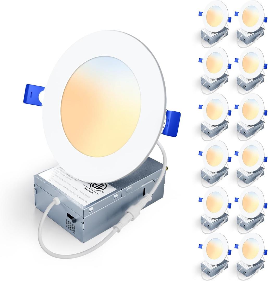 12 Pack 4 Inch 5CCT LED Recessed Light, Silm Canless Recessed Lighting, Dimmable, Damp Rated, 2700K-5000K Selectable, Wafer Ceiling Downlight with Junction Box, 750LM, 9W 120V, ETL&FCC (White)