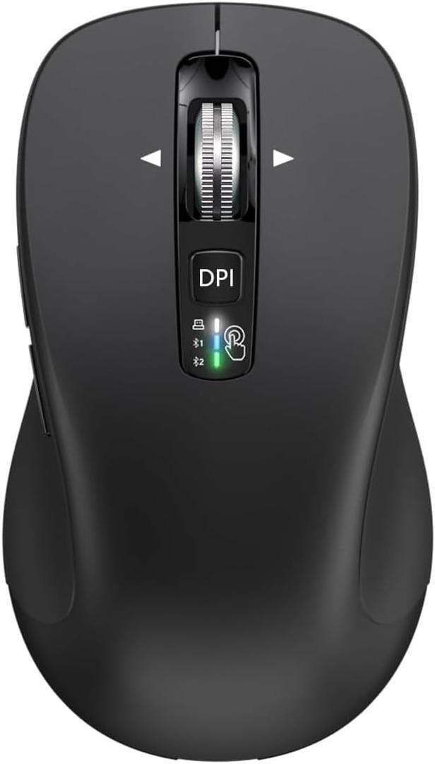 Wireless Bluetooth Mouse (USB + BT1 + BT2), Full Size, 4-Way Scrolling, Multi-Device Silent Mouse for Computer, Laptop, iPad, MacBook (Black)