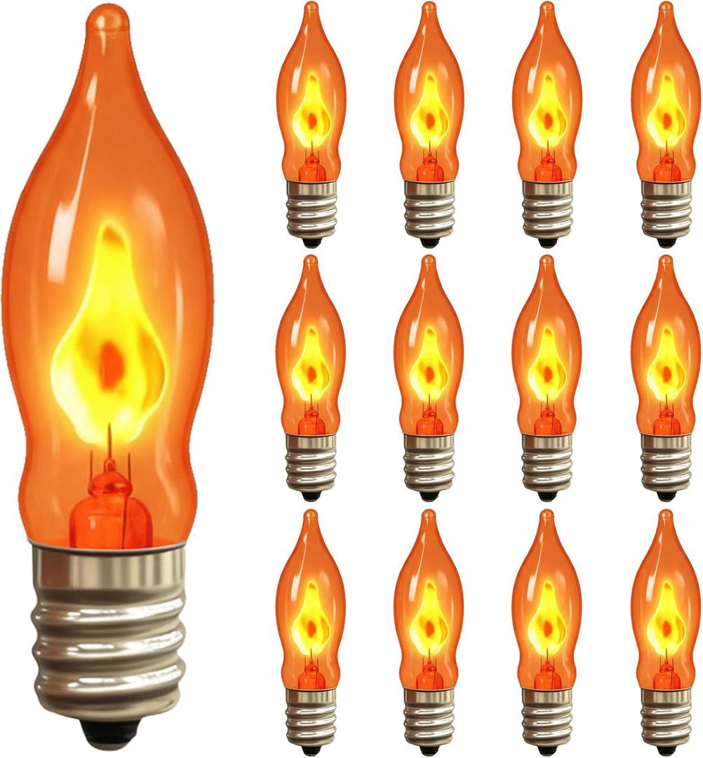 Flickering Flame Light Bulbs 1W, C7 E12 Incandescent (12 Pack), UL Listed 2200K Orange, Candelabra Bulbs for Window Candles, Chandeliers, Halloween Night Lights, C7 String Light Replacement