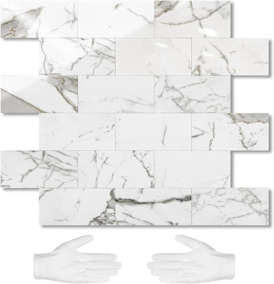 STICKGOO 10-Sheet Subway Tile Peel and Stick Backsplash, Seamless Design Glossy Carrara White Kitchen Backsplash Wall Tiles, Waterproof Stick on Tile for Bathroom, RV, Fireplace
