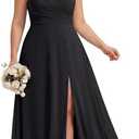 Ever-Pretty Plus Women's V-Neck Sleeveless Plus Size Bridesmaid Dress Chiffon A-Line Backless Spaghetti Slit Formal Dresses, Size XL, Black