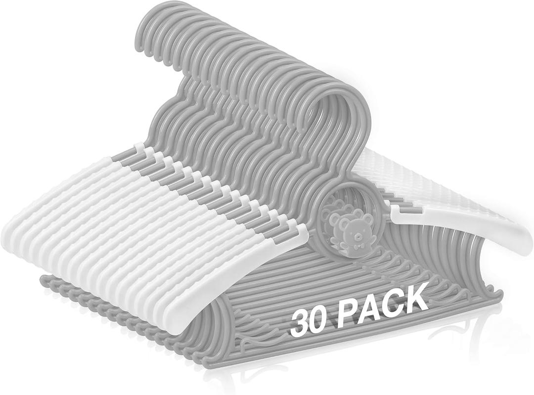 Baby Hangers 30 Pack,Non-Slip Plastic Kids Hangers for Closet, Adjustable Infant Toddler Clothes Hanger, Durable Nursery Organizer for Newborn Children(Grey) (Gray)