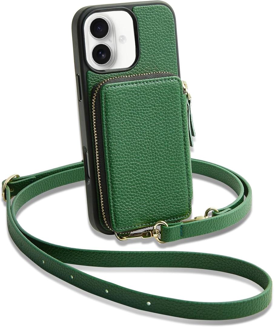 Keallce Case for iPhone 16 6.1'' Case Wallet, Crossbody Zipper Purse with RFID Blocking Card Slots Kickstand, Detachable Lanyard & Handstrap Flip Folio Leather iPhone Cover for iPhone 16, Green