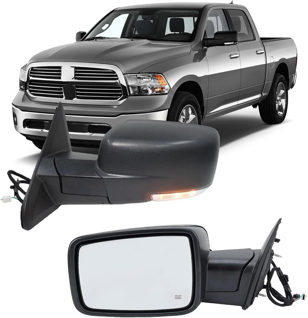 Driver Side Mirror Compatible with 2013-2018 Dodge Ram 1500 2500 3500 Mirrors with Heated Puddle Lamp Temperature Sensor Tuning LED Signal Power Fold Textured Black(10+2Pins), Left Driver Side-12 Pins