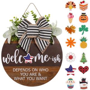 Interchangeable Seasonal Welcome Sign for Front Door, Rustic Round Wood Wreath for Front Door Hanging Decorations, for Spring Summer Fall Halloween Christmas Farmhouse Outdoor Home Wall Decor (12Inch)
