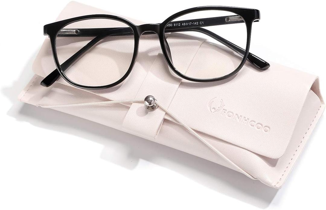 FONHCOO Blue Light Blocking Glasses Fashion Round TR90 Frame Transparent Eyewear Anti UV Computer Glasses for Women Men (Black)