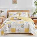 Joyreap 3 Pieces Floral Patchwork Quilt Set King, Yellow n White Flowers Design, Soft n Cozy Microfiber Quilt, Bedspread Bed Cover for All Season, 1 Quilt and 2 Pillow Shams- 102x90 inches