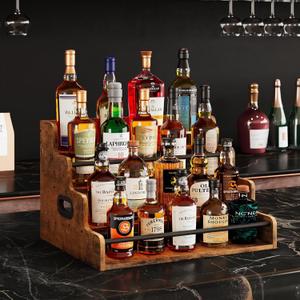 LIVELYGLOW 19.6W x 15.74" D x 12.5" H Inches Versatile 4-Step Coffee Syrup & Water Bottle Organizer Rack Multi-Functional Retro Display Shelf for Kitchen or Bar, Holds Liquor & Spirits, Wooden