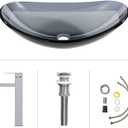 Bathroom Boat Shape Artistic Glass Vessel Sink Free Chrome Faucet and Pop-up Drain Set, Bluish Grey