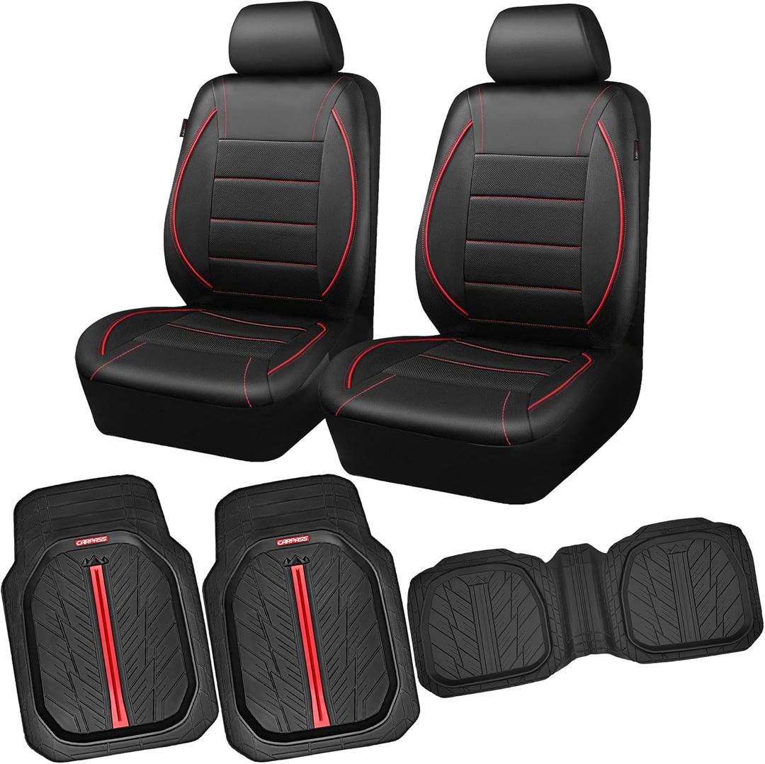 CAR PASS Universal FIT Piping Leather Two Front Seat Covers, DeepDish Rubber Floor Mats for car Heavy Duty car mats,Waterproof Faux Leather for SUV Sedan Van Truck, Airbag Compatible(Black Red)
