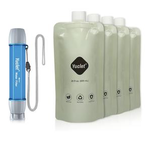 Yuclet Squeeze Water Filtration System with Four 20-Oz Squeeze Pouches and 0.1 Micron Filter Straw, Portable Water Purifier Survival for Camping, Hiking, Backpacking and Emergency Preparedness