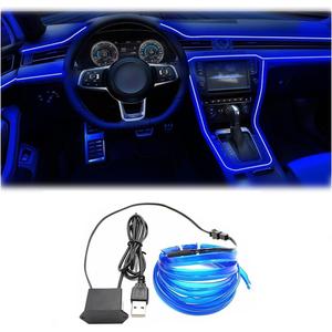 EL Wire Interior Car LED Strip Lights, 16.5FT USB Neon Glowing Strobing El Wire Strip with 6mm Sewing Edge, Ambient Lighting Kits for Car Inside Decorations (Blue)